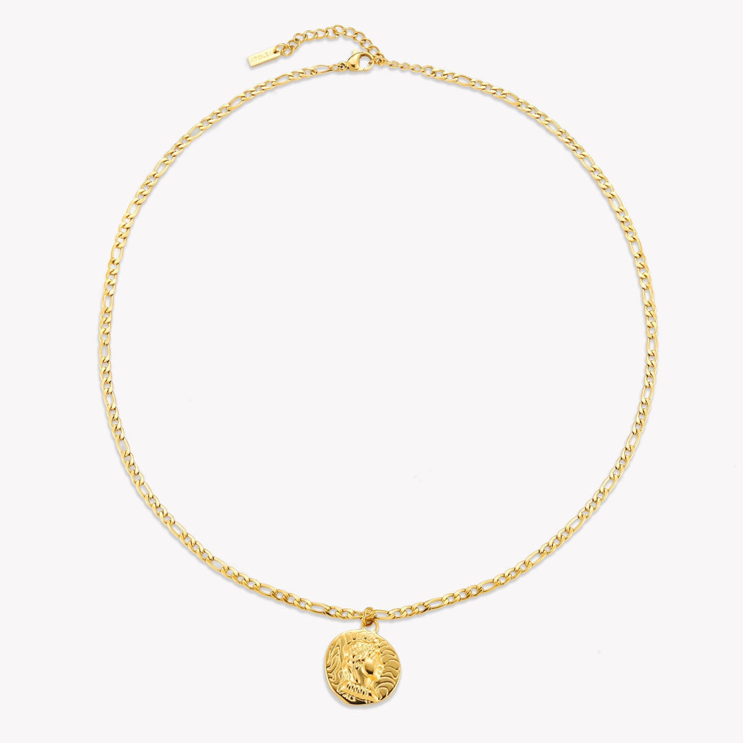 Robuste goldene Medaillonkette aus Edelstahl. Wasserdichter und hypoallergener Damenschmuck.
