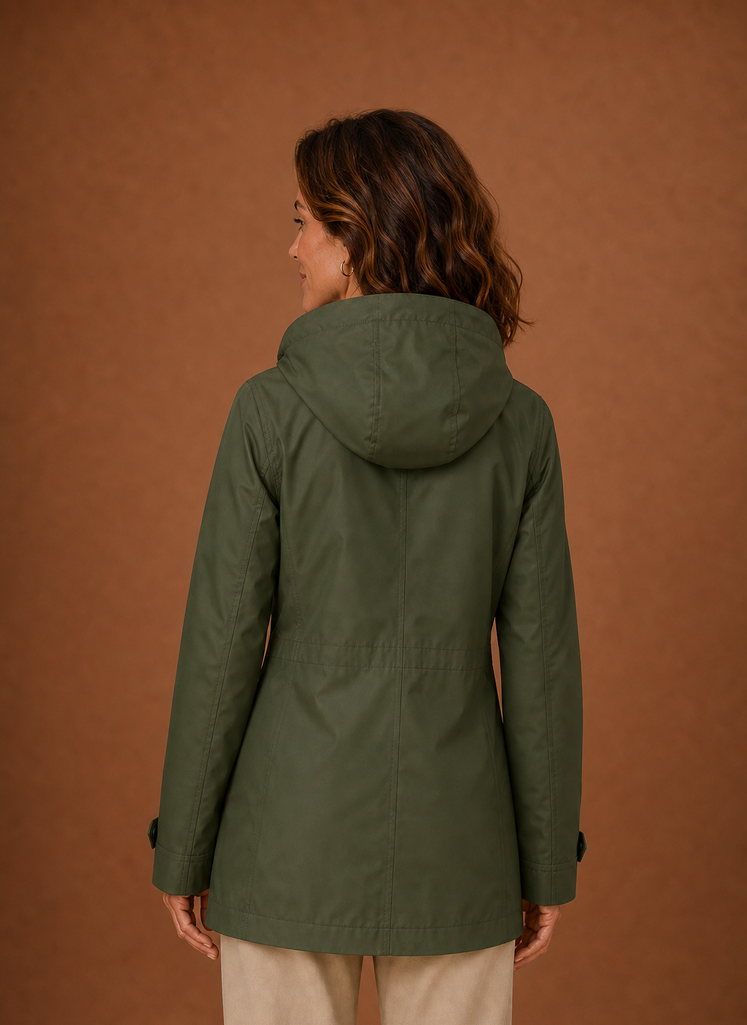 Damen Herbstmantel in Bordeaux. Eleganter Trenchcoat mit Kapuze für jeden Anlass.