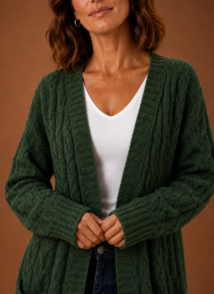 Vielseitige Damen Kapuzen-Strickjacke, lang, perfekt für Freizeit und Büro.