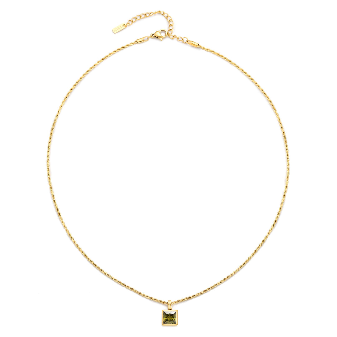 Elegante Rope Chain Gold Halskette für Damen mit funkelndem grünem Zirkon-Anhänger aus Edelstahl.