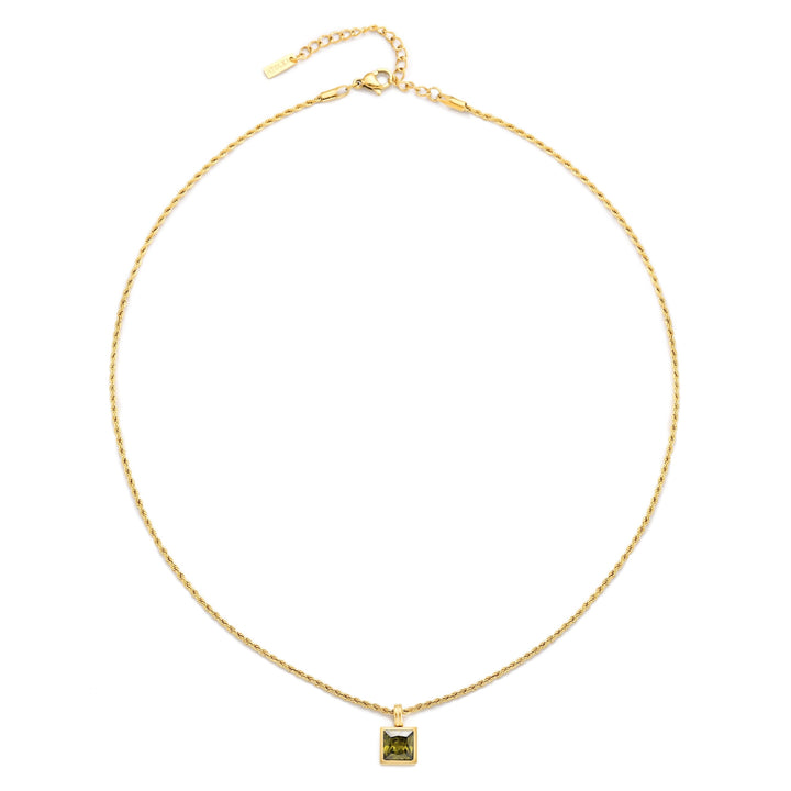 Elegante Rope Chain Gold Halskette für Damen mit funkelndem grünem Zirkon-Anhänger aus Edelstahl.