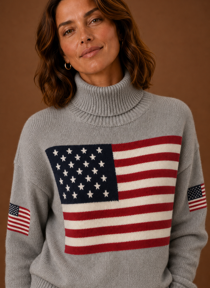 Warmer Damen Herbst/Winter Rollkragenpullover mit auffälligem Flaggen-Design. Modischer Statement-Strick.