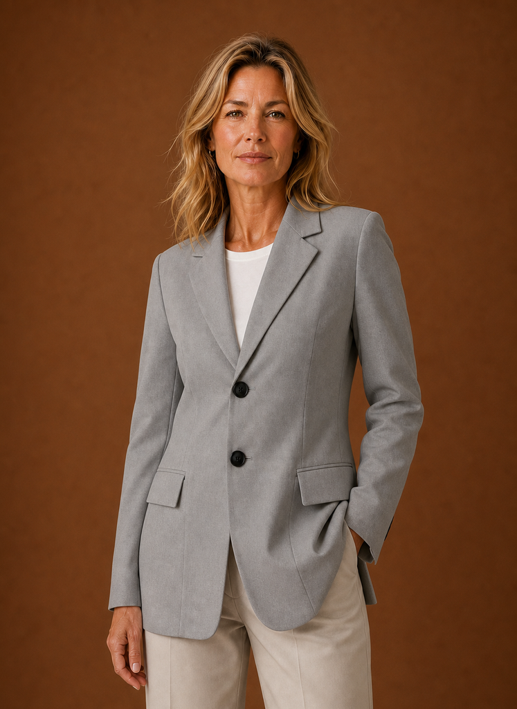 Vielseitiger Damen Blazer in Longline-Form, geeignet für Herbst & Winter Büro-Looks.