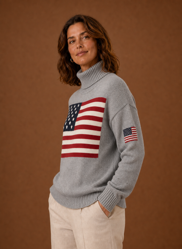 Lässiger Damen Rollkragenpullover, langarm, mit markantem Flaggenmotiv. Vielseitiger Strick für kalte Tage.