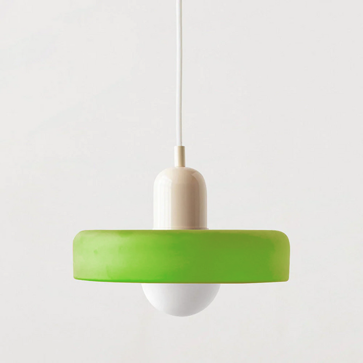 Esszimmerlampe, Pendelleuchte im Bauhausstil, Buntglas, farbenfroh und funktional.