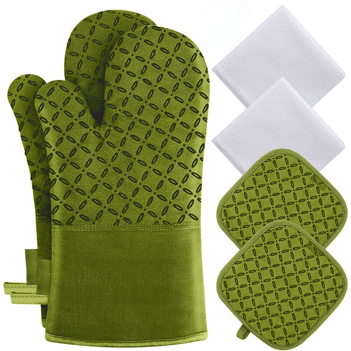 Hochwertiges Kochset mit hitzebeständigen Ofenhandschuhen und Topflappen (6-teilig).