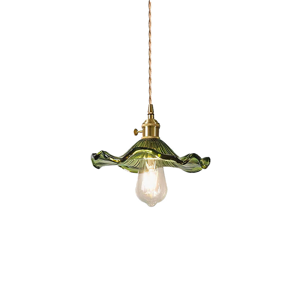 Einzigartige Glas Pendelleuchte mit Hibiskusblüten, Messingakzente, stilvolle Wohnzimmerlampe.