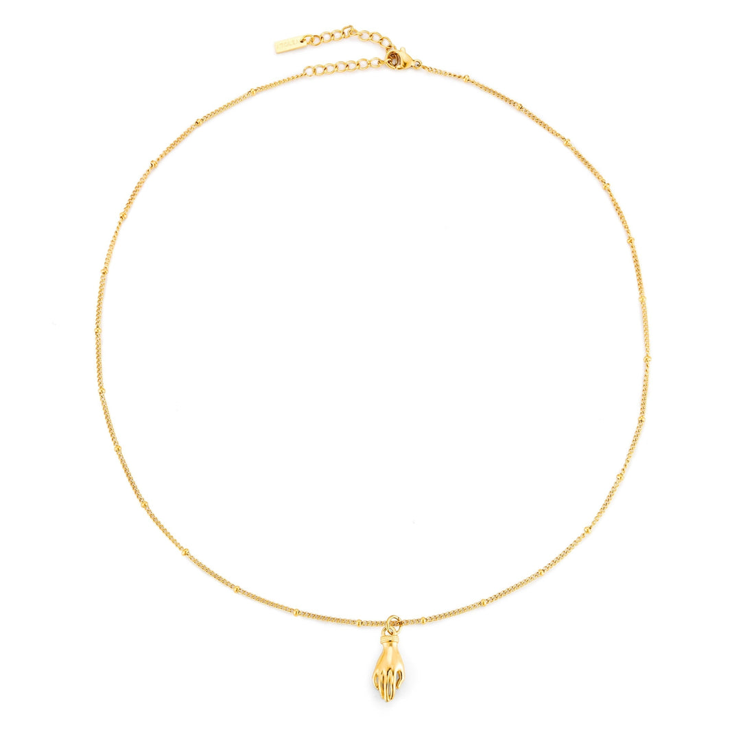 Schlicht-elegante goldfarbene Damenhalskette mit Schutz Hand Anhänger & grünem Zirkon; robuster Schmuck.