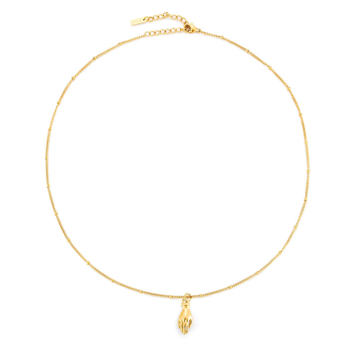 Schlicht-elegante goldfarbene Damenhalskette mit Schutz Hand Anhänger & grünem Zirkon; robuster Schmuck.