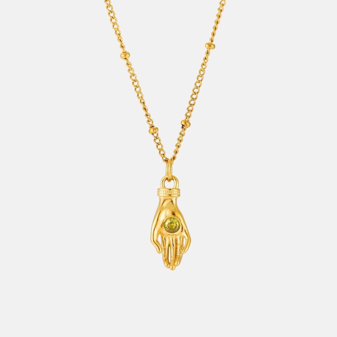 Symbolische Damenhalskette goldfarben mit Schutz Hand Anhänger & grünem Zirkon; stilvoller Schmuck.