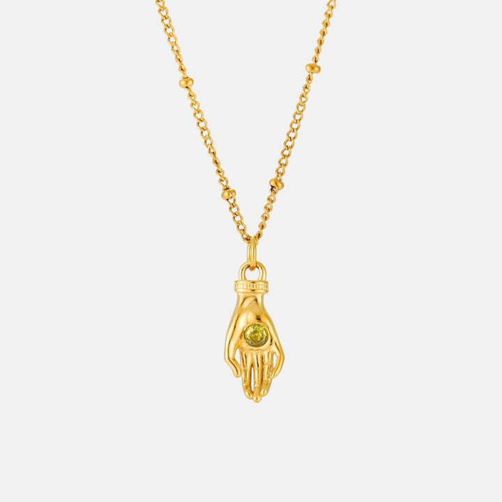 Symbolische Damenhalskette goldfarben mit Schutz Hand Anhänger & grünem Zirkon; stilvoller Schmuck.