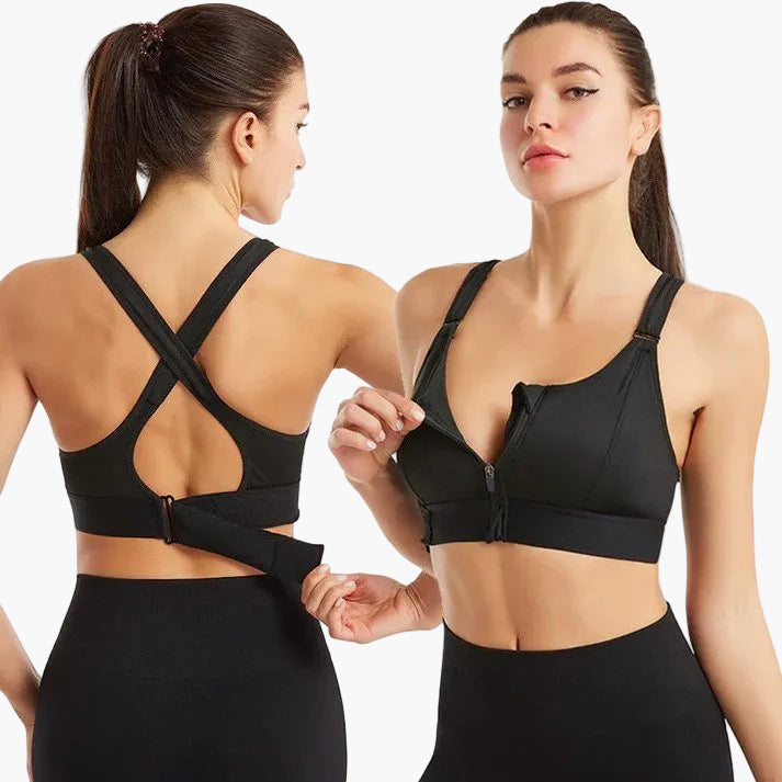 Damen Sport-BH mit Frontreißverschluss für starken Halt beim Fitness-Training; ideal für Gym & Activewear.