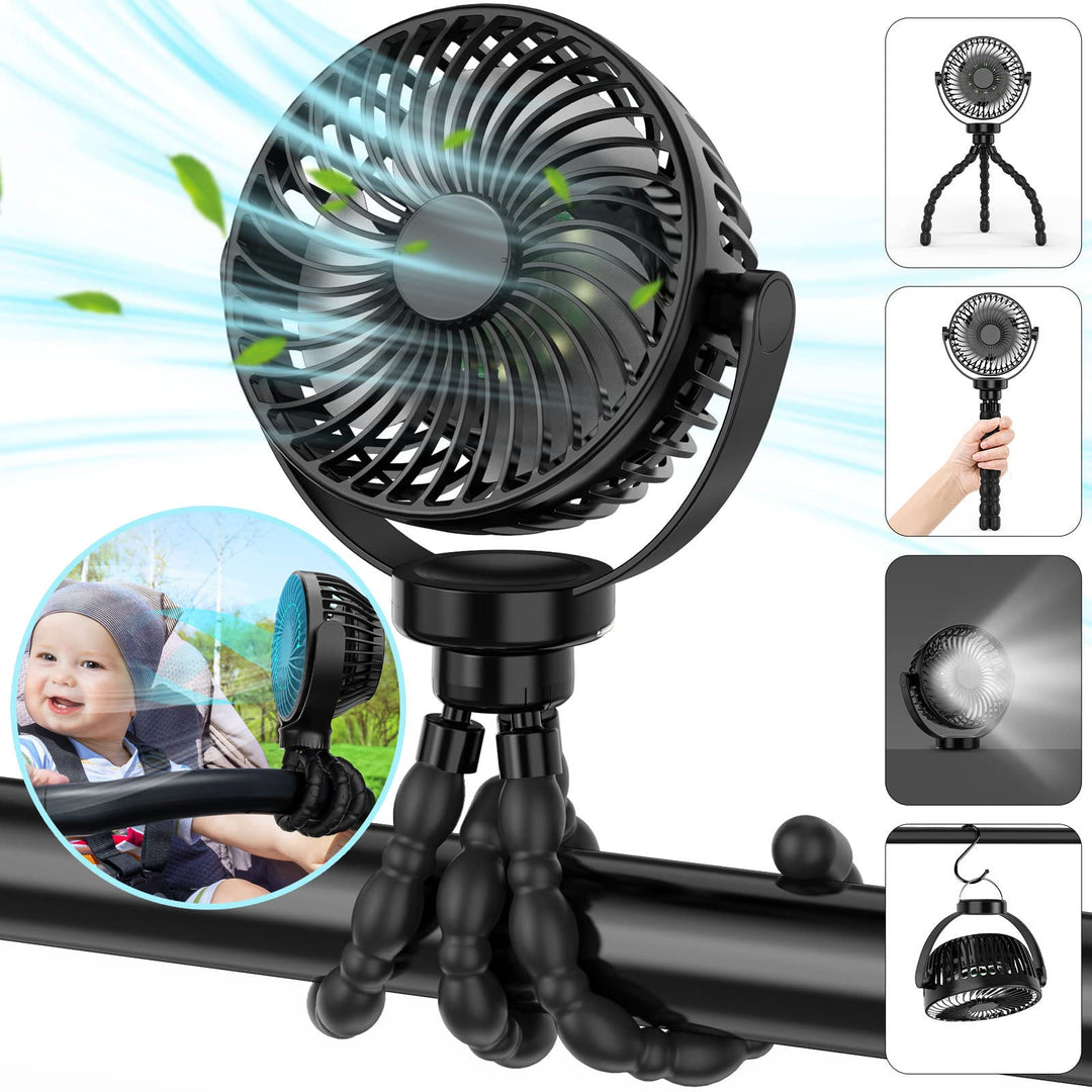 Mobiler Kinderwagenventilator mit Akku für kühle Erfrischung unterwegs. Perfekt für Babys im Sommer.