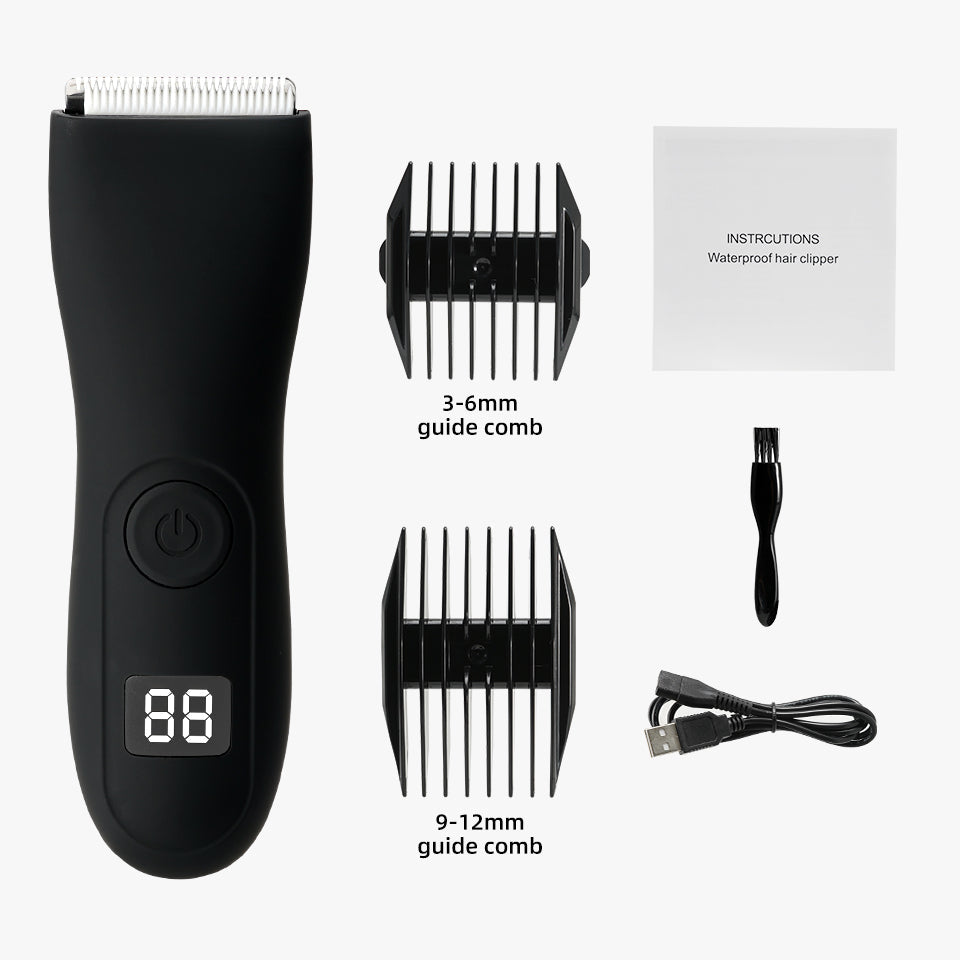 Körperhaartrimmer in Aktion. Ergonomischer Trimmer für mühelose Haarentfernung am ganzen Körper.
