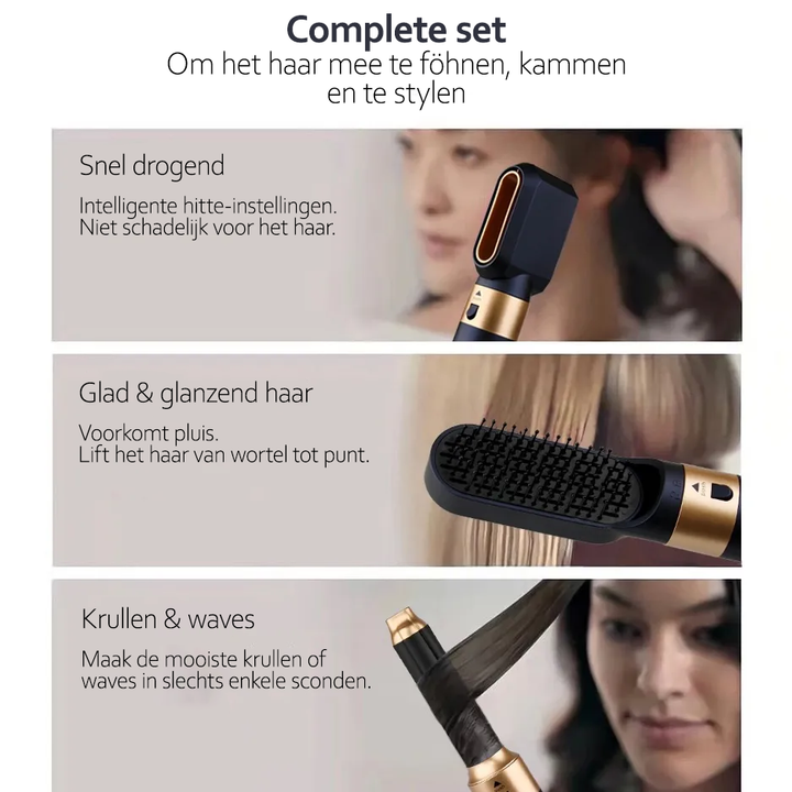 Komplettes 5-in-1 Haarstyler-Set für Damen: Haartrockner, Lockenstab, Glätteisen und Volumenbürste.