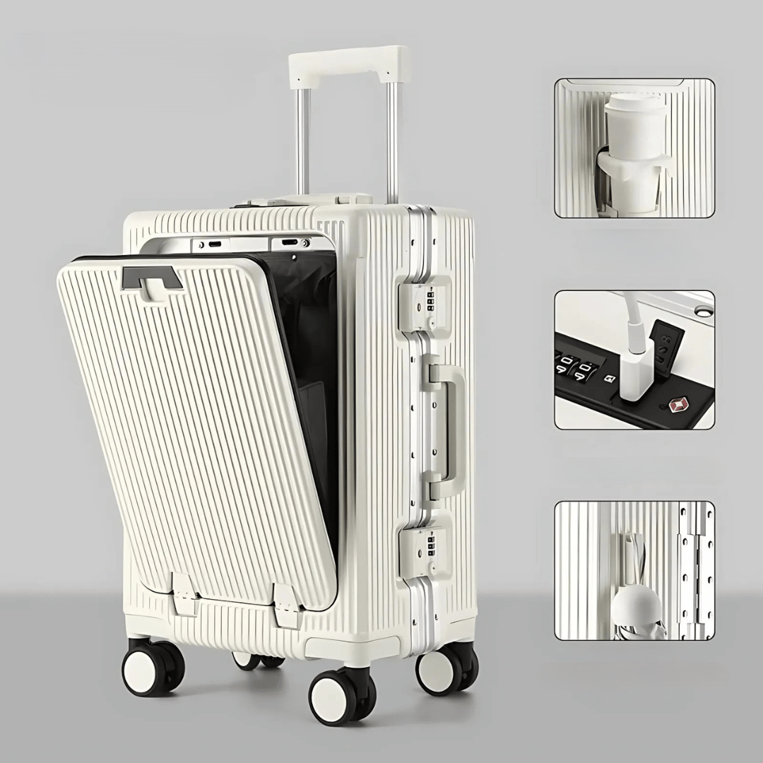 Moderner Smartkoffer Manhattan Pro, kompakter Hartschalen-Handgepäckkoffer mit 4 Rollen.