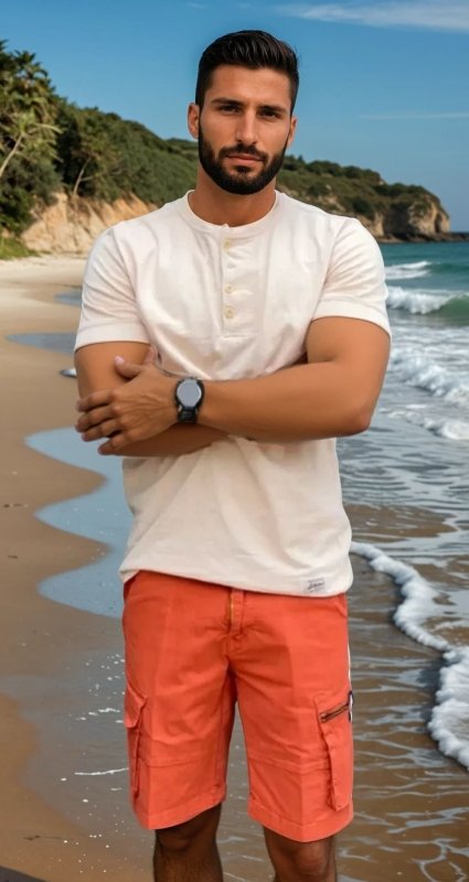 Trendige orange Herren Shorts, eine moderne Kurz Hose für Herrenmode, ideal für Freizeit & Alltag.