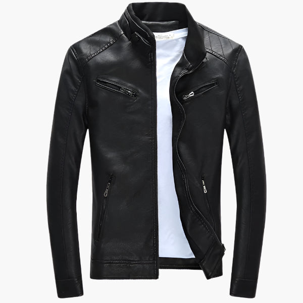 Schwarze Herren Bikerjacke im modernen Slim Fit Stil, ideal für urbane Streetwear und lässige Freizeit-Outfits.