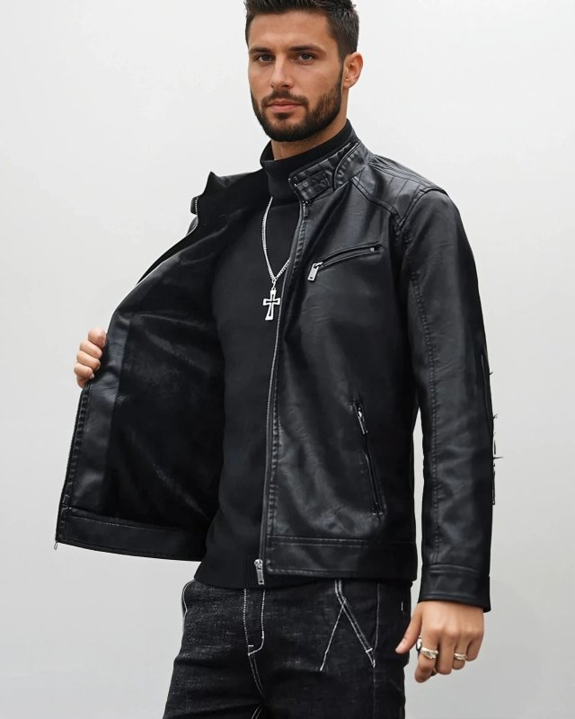 Slim Fit Herren Bikerjacke in Schwarz, ein modernes Outfit-Highlight für jeden lässigen Streetwear Look.