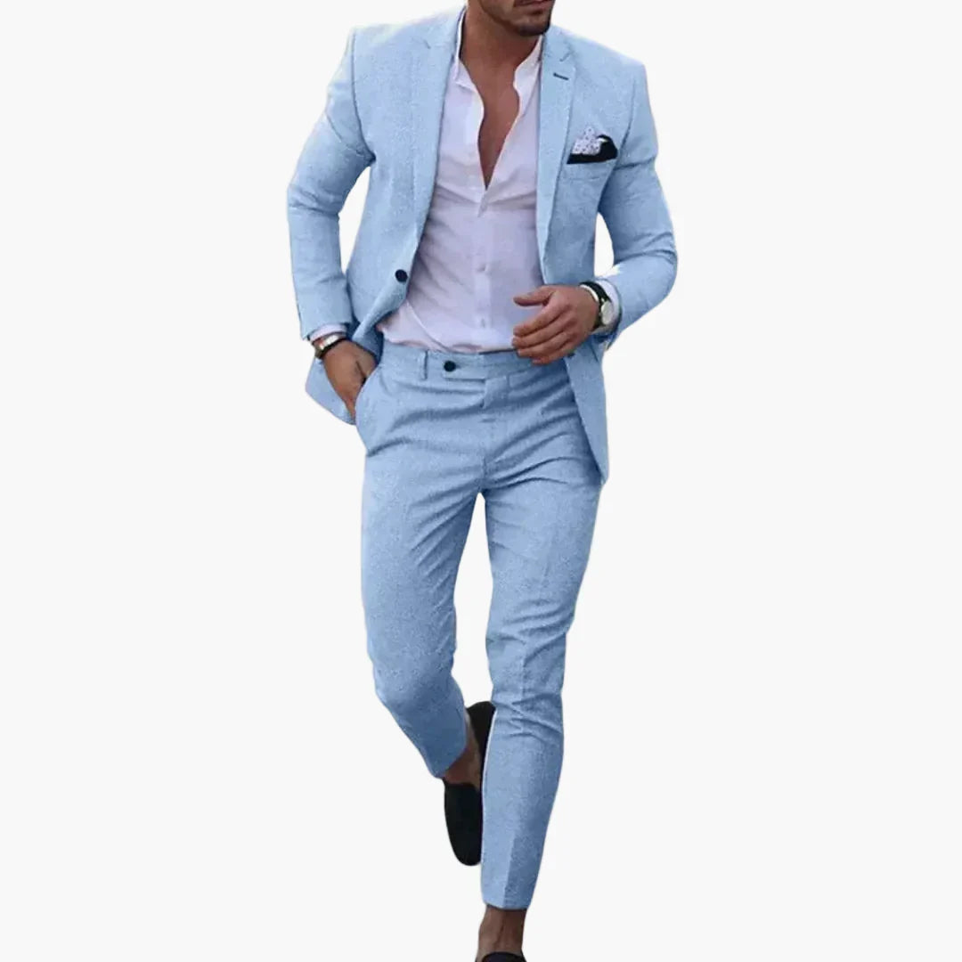 Saisonale Männer Mode: Eleganter Slim Fit Herrenanzug. Moderner Zweiteiler für stilvolle Auftritte im Sommer.