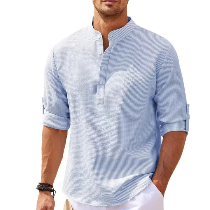 Leichtes Herren Sommerhemd mit Stehkragen, Plus Size, langärmlig, perfekt für entspannte Freizeit.