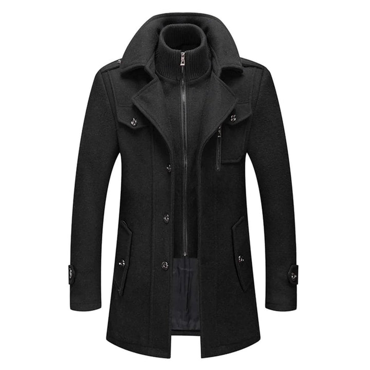 Herren warmer Wintermantel mit hohem Kragen, zweiteilig, ideal für kalte Tage und stilvolle Herrenmode.