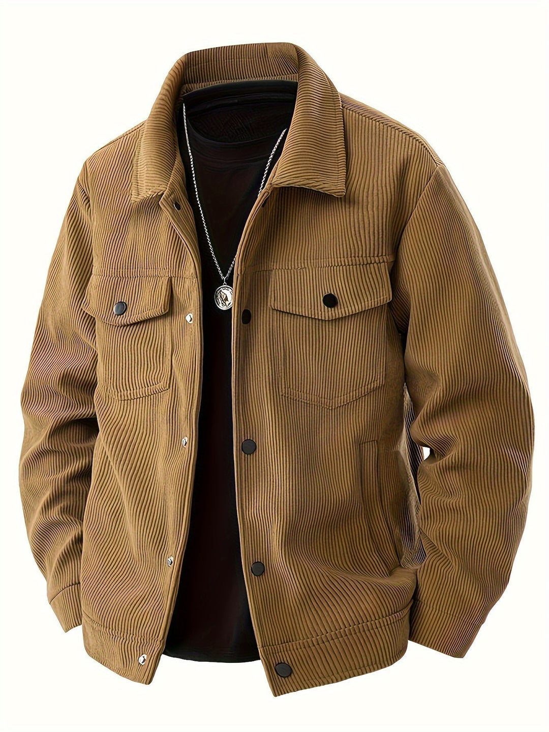 Detailansicht der Herren Cordjacke: Robuster Stoff, Knöpfe und Brusttaschen. Vielseitige Alltagsjacke.