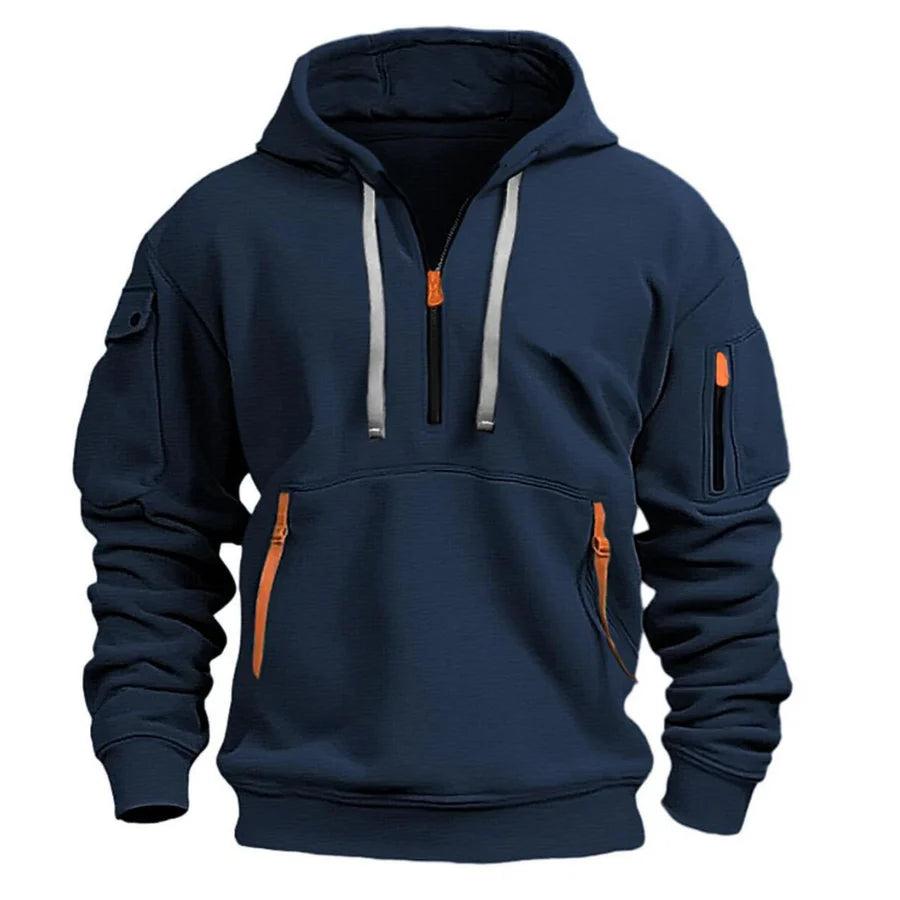 Komfortabler Herren Hoodie Regular Fit, ideal für Freizeit, mit praktischen Reißverschlusstaschen.
