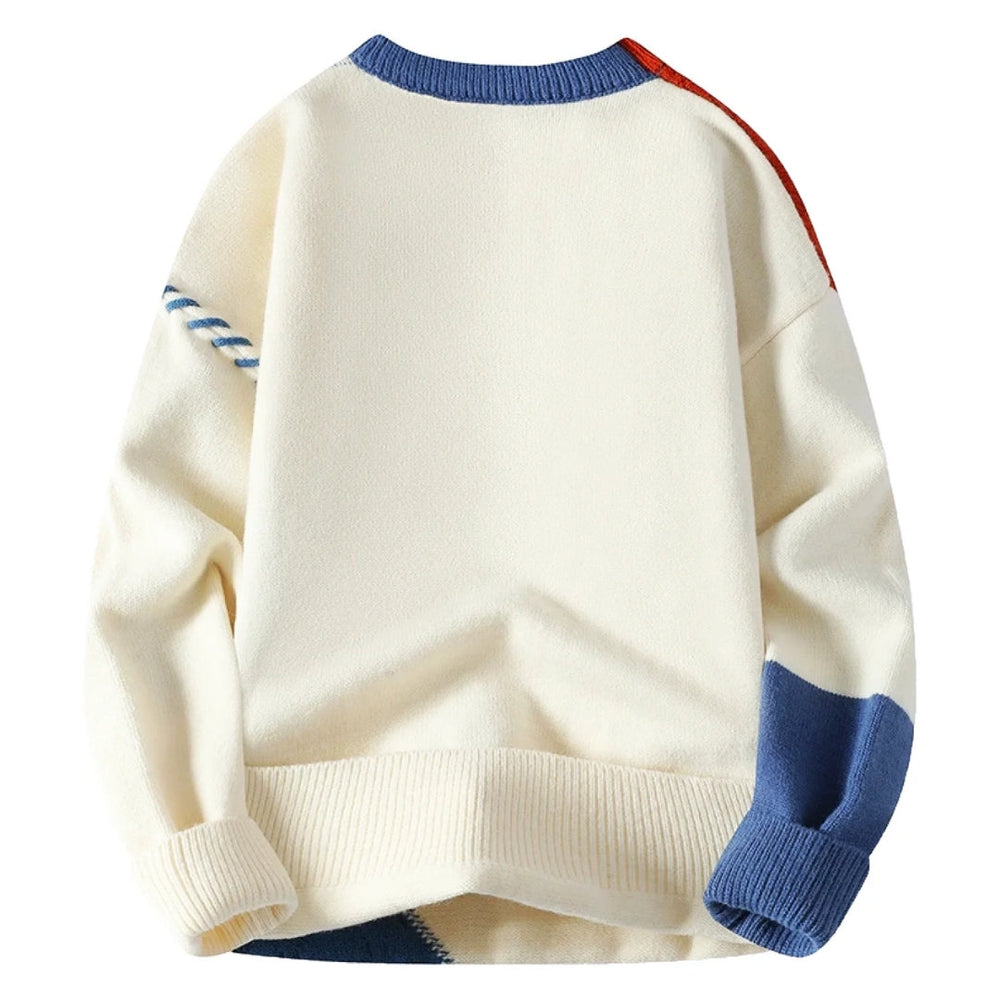 Einzigartiger Herren Patchwork-Pullover, farbenfroher Strick, Statement für modernen Casual-Look.