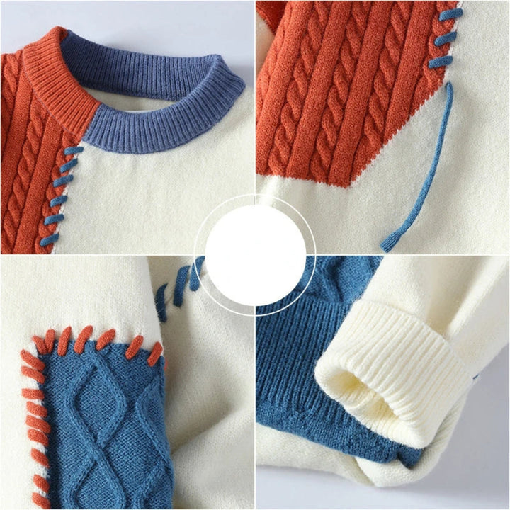 Moderner Herren Patchwork-Pullover, künstlerisches Design, perfekter Statement-Pullover für Herbstmode.