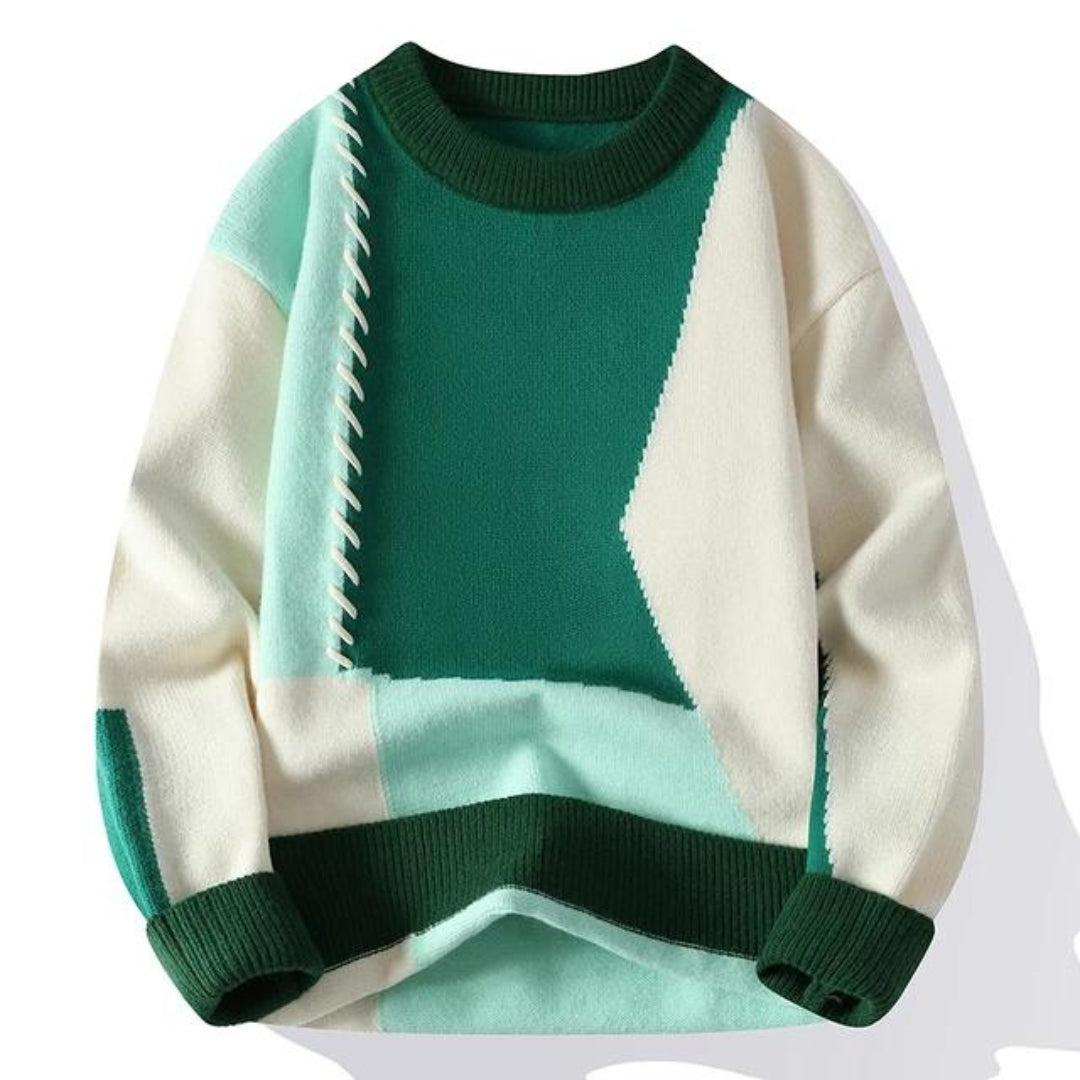 Komfortabler Herren Strickpullover im Patchwork-Design, ideal für Freizeit und Herbstmode.