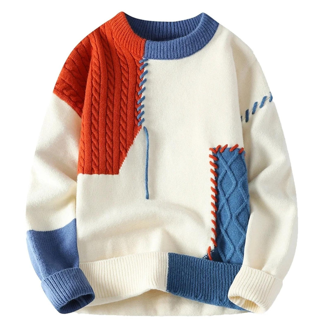 Herren Patchwork-Pullover, künstlerischer Stil, bequeme Herbstmode für den modernen Mann.