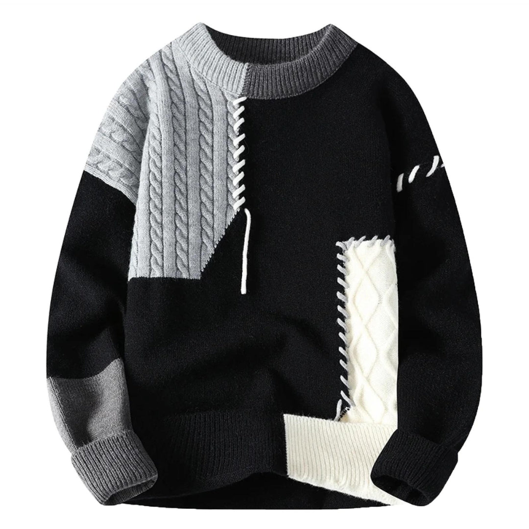 Warmer Herren Strickpullover, Patchwork-Design, komfortabel und einzigartig für kühle Tage.