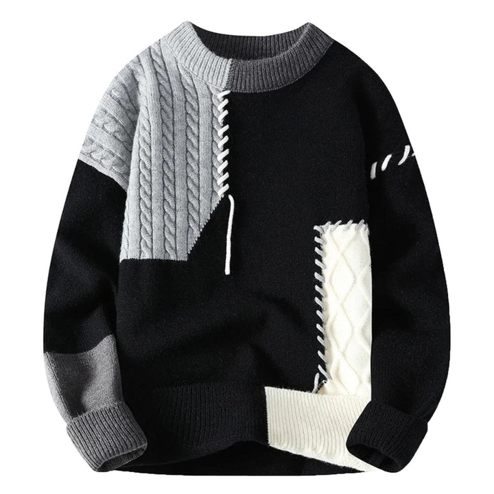 Warmer Herren Strickpullover, Patchwork-Design, komfortabel und einzigartig für kühle Tage.