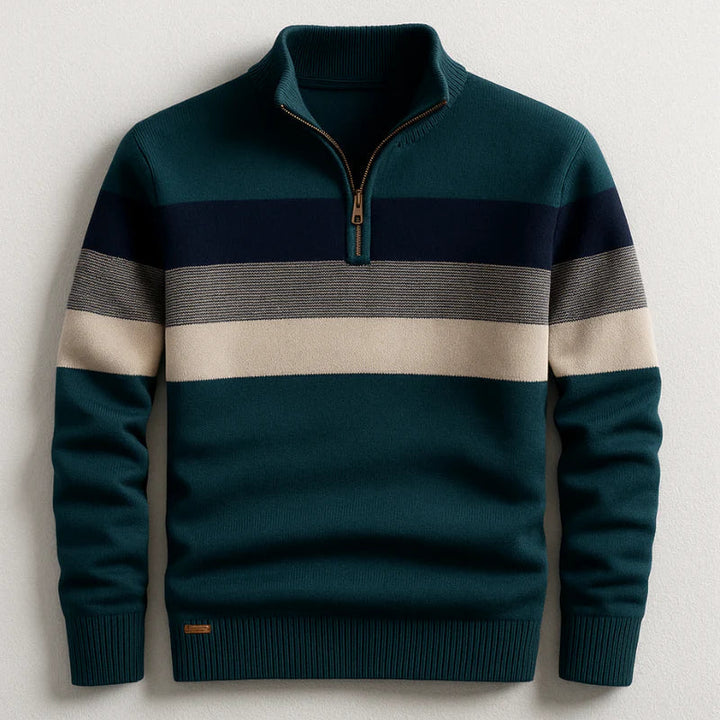 Herren Oberteil: Streifenpullover mit Langarm und Reißverschluss, bietet Komfort und einen eleganten Look.