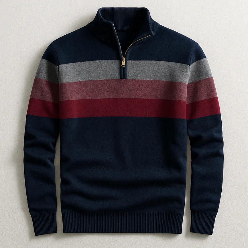 Eleganter Herren Streifenpullover mit praktischem Viertel-Reißverschluss, perfekt für Business Casual und Freizeit.