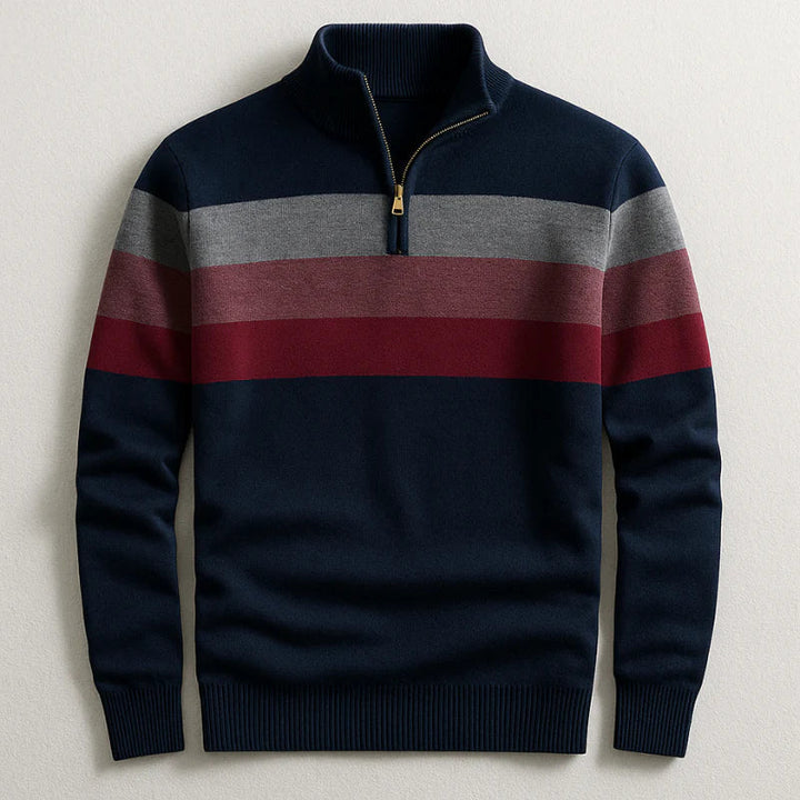 Eleganter Herren Streifenpullover mit praktischem Viertel-Reißverschluss, perfekt für Business Casual und Freizeit.