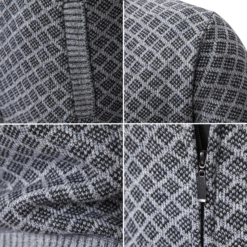 Herren Strickjacke mit Stehkragen, Reißverschluss und langen Ärmeln. Stilvoller und warmer Pullover für Männer.