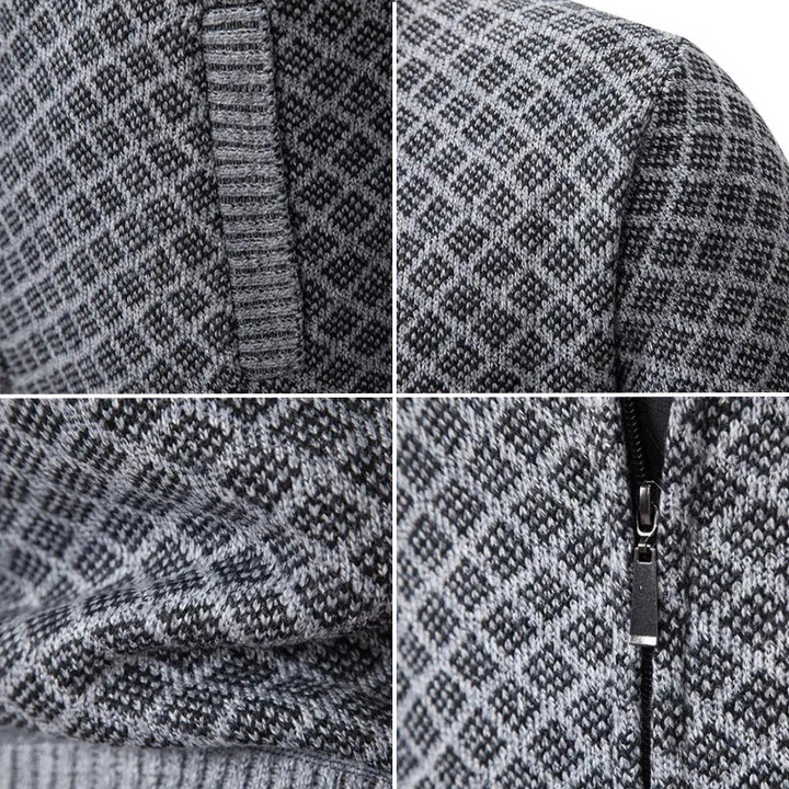 Herren Strickjacke mit Stehkragen, Reißverschluss und langen Ärmeln. Stilvoller und warmer Pullover für Männer.