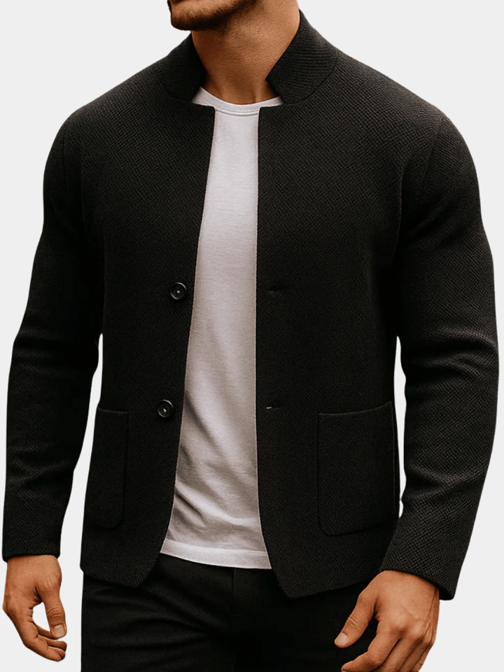 Herren Strukturstrick Jacke in elegantem Design mit Mandarinkragen, ideal für Business Casual und Freizeit.