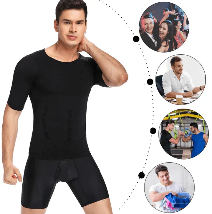 Mann in schwarzen Kompressions-Shorts, definierte Bauchpartie, schlanker Look für Sport & Alltag.