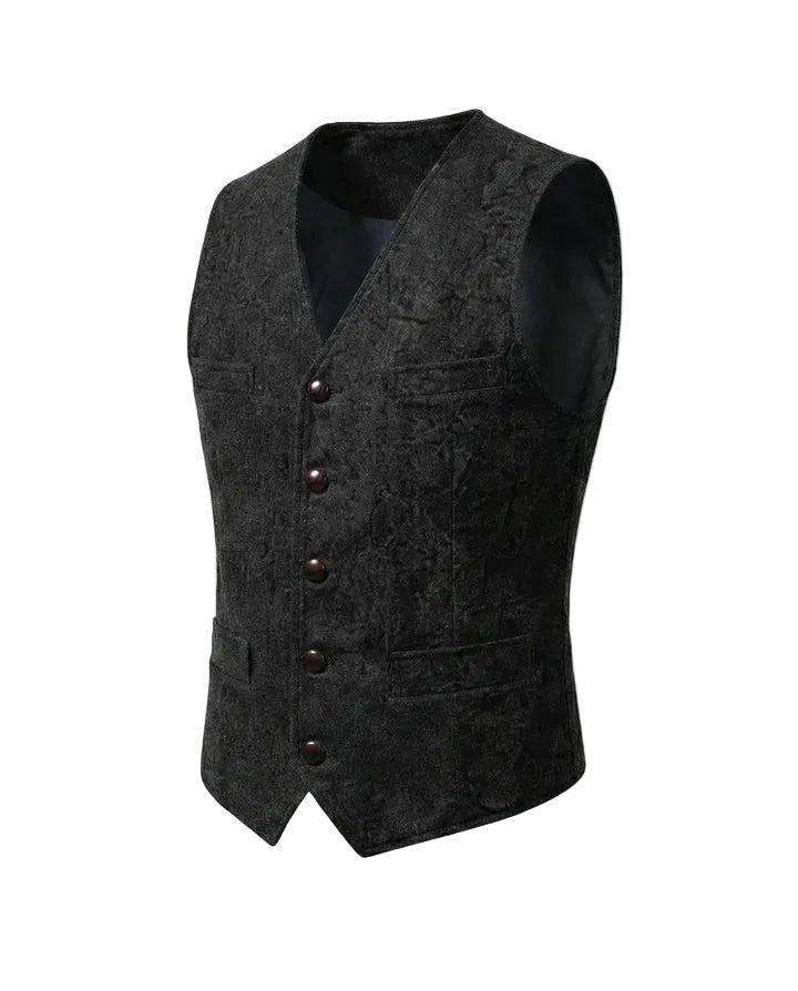 Detailansicht der hochwertigen Stoffstruktur der eleganten Herren V-Ausschnitt Weste.