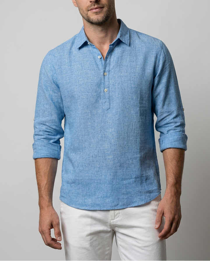 Lässiges Herren Popover Hemd mit Langarm für den Sommer, moderne lockere Passform, vielseitig kombinierbar.