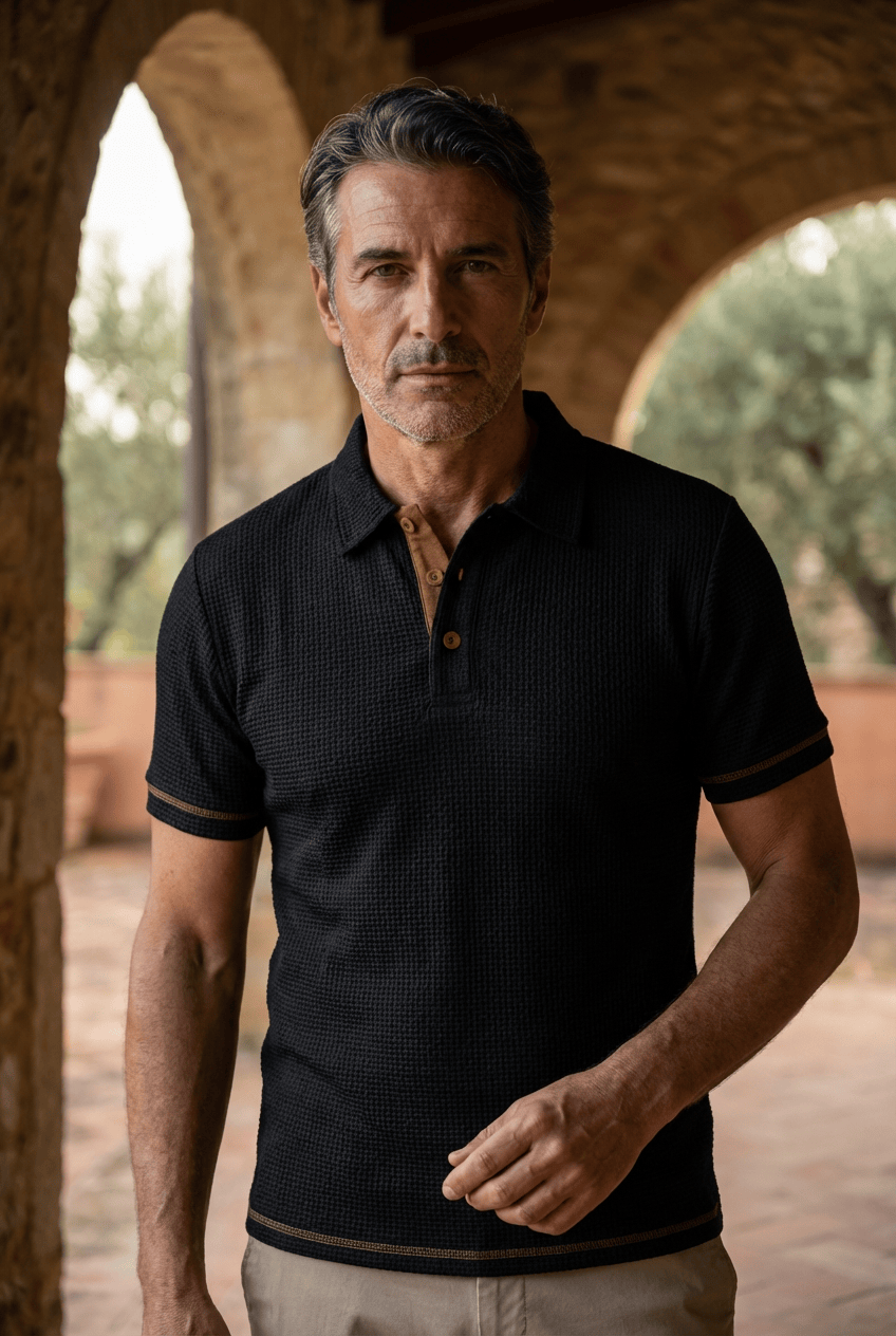 Modell trägt Polo: Mann trägt bequemes Kurzarm Herren Polo-Shirt für einen stilvollen Casual-Look im Sommer.