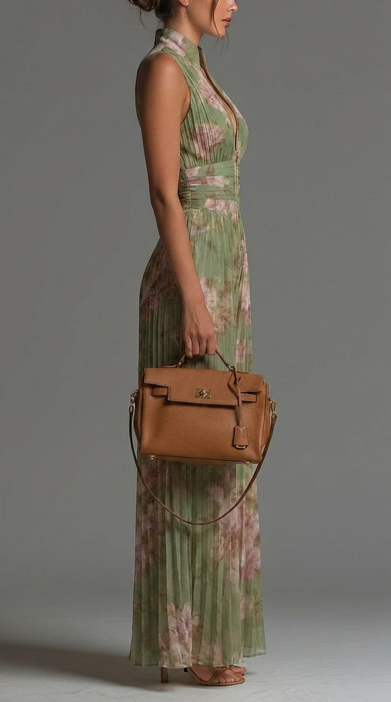 Eleganter grüner Damen Overall mit zartem Blumenmuster, Plissee und V-Ausschnitt für festliche Anlässe.