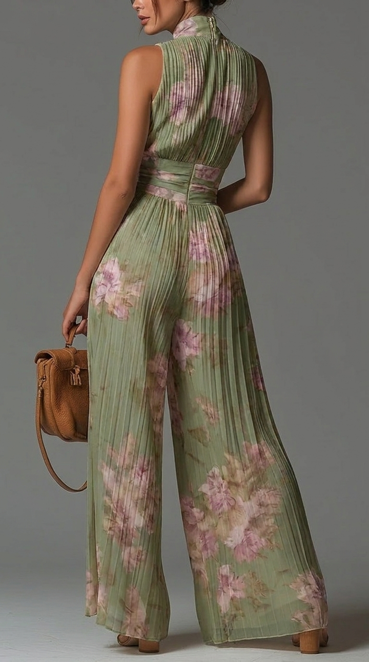 Luftiger Damen Overall grün mit Blumenprint, plissiert & ärmellos. Ideal für Freizeit und warme Sommertage.