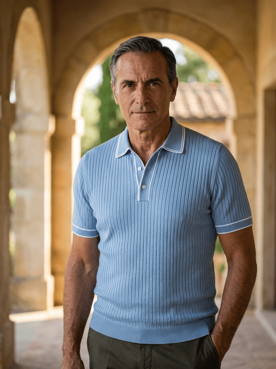 Geripptes Herren Polo-Shirt in Schwarz; elegant, bequem für Business Casual & Freizeit.