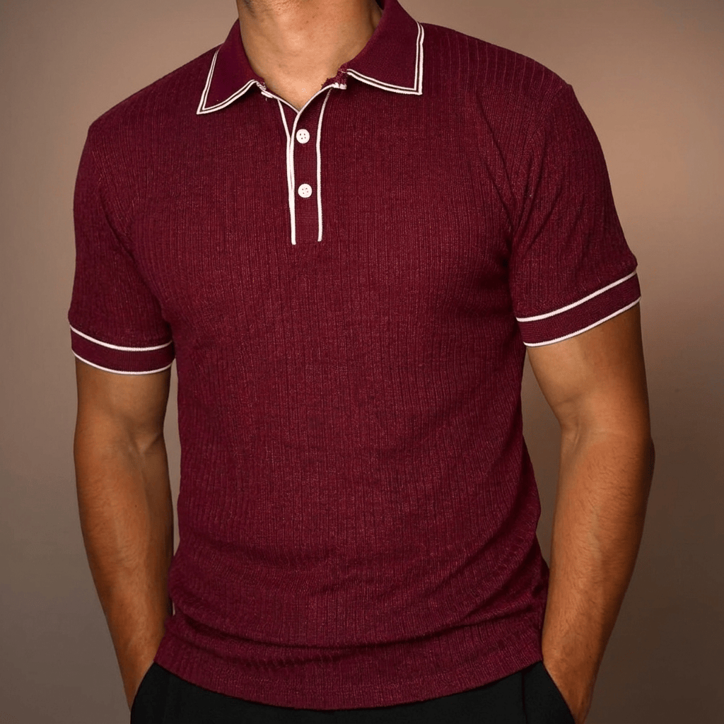 Beiges geripptes Herren Polo-Shirt; elegantes & bequemes Freizeit-Hemd für warme Tage.