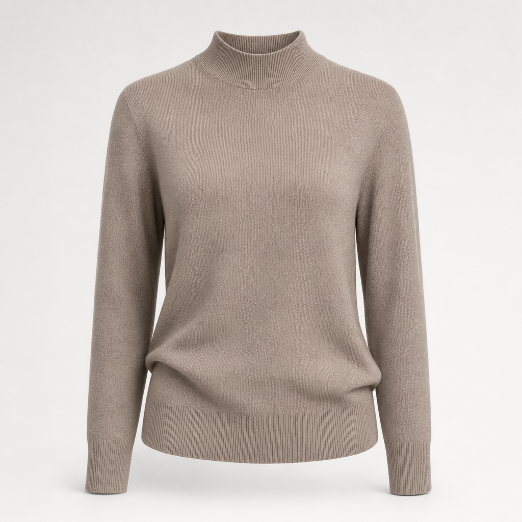 Eleganter Damen Rollkragenpullover in Taupe, weich & kuschelig für den Winter. Stilvolle Herbstmode, warm & bequem.