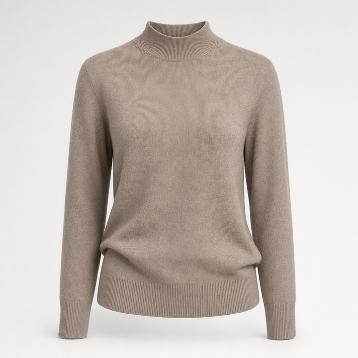 Eleganter Damen Rollkragenpullover in Taupe, weich & kuschelig für den Winter. Stilvolle Herbstmode, warm & bequem.